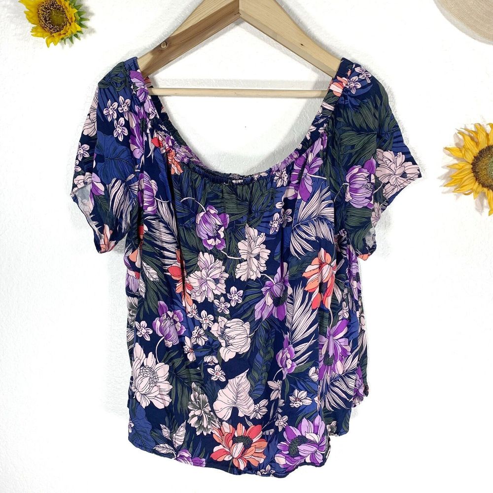 A.N.A. New Approach Tropical Floral Short Sleeve Blouse Size 0X Women’s